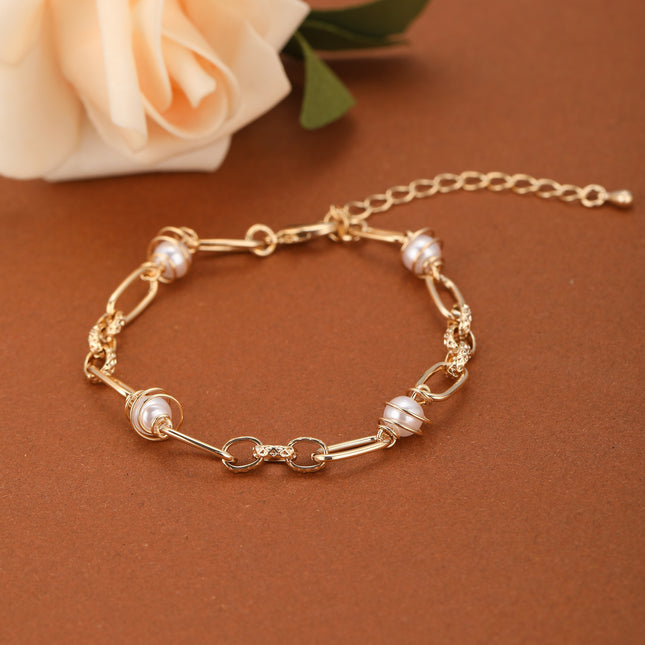 Pulsera De Cadena De Cobre Estilo Moda Con Perlas Sintéticas Para Mujer