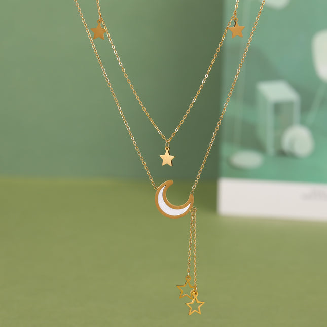 Collar Con Colgante De Luna De Moda De Doble Capa De Tipo Corbata De Acero Inoxidable