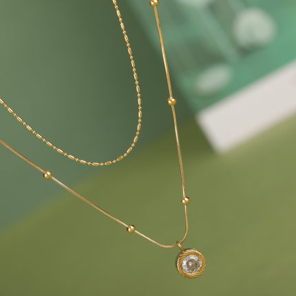 Collar De Doble Capa De Cadena De Serpiente Con Cuentas De Arroz Con Circón Redonda Y Bolas