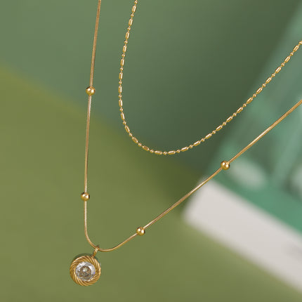 Collar De Doble Capa De Cadena De Serpiente Con Cuentas De Arroz Con Circón Redonda Y Bolas