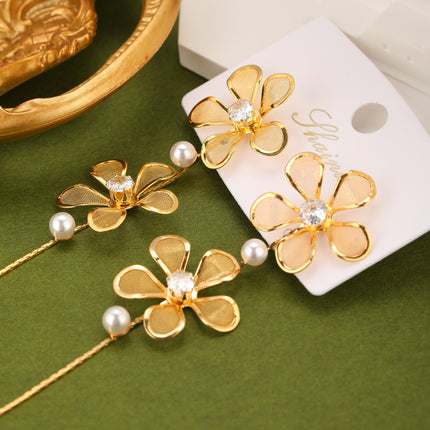 Aretes Largos De Cobre Con Flores Doradas, Flecos, Circonitas