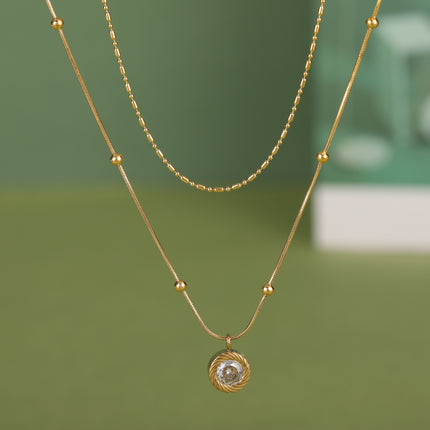 Collar De Doble Capa De Cadena De Serpiente Con Cuentas De Arroz Con Circón Redonda Y Bolas
