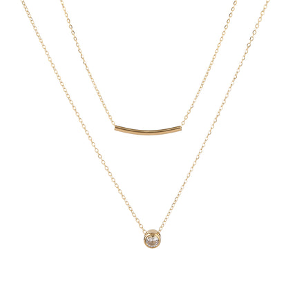 Collar De Doble Capa De Cadena Con Tubo Curvo Con Colgante De Circón Redonda