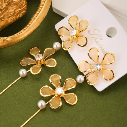 Aretes Largos De Cobre Con Flores Doradas, Flecos, Circonitas