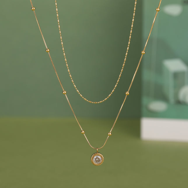 Collar De Doble Capa De Cadena De Serpiente Con Cuentas De Arroz Con Circón Redonda Y Bolas