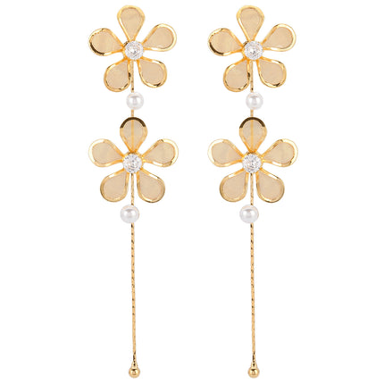 Aretes Largos De Cobre Con Flores Doradas, Flecos, Circonitas