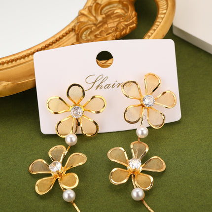 Aretes Largos De Cobre Con Flores Doradas, Flecos, Circonitas