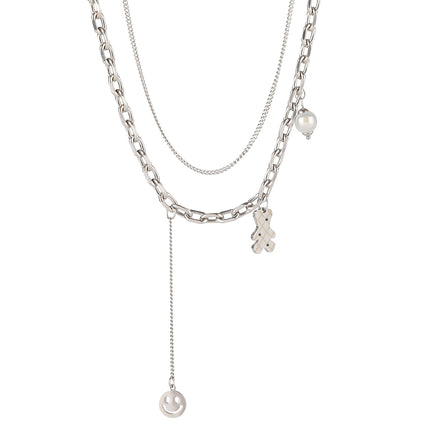 Cadena De Doble Capa Con Colgante Multitesoro De Cara Sonriente Y Oso Personalizado De Moda