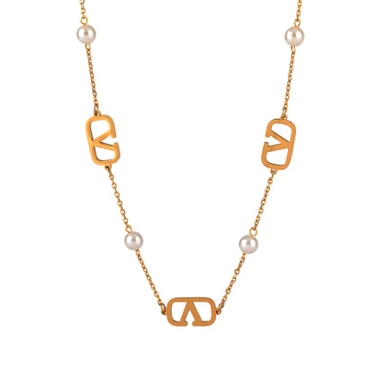 Collar Nuevo Con Colgante De Letra V Brillante Metálico De Moda Con Perlas