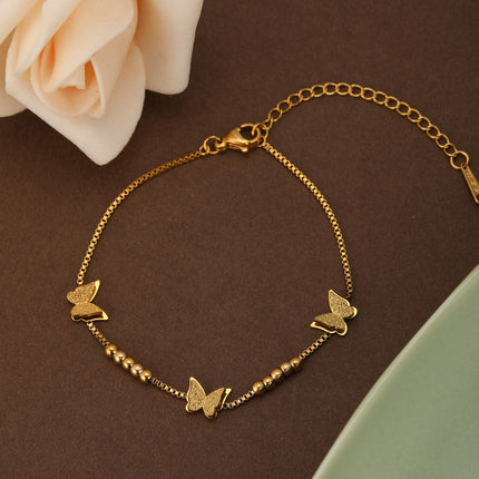 Pulsera Dorada Con Detalles De Mariposa En Capas Acero Enchapado Oro 14K