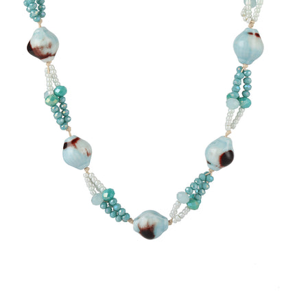 Collar Largo Bohemio Con Cristal Azul Artificial Y Concha De Cerámica