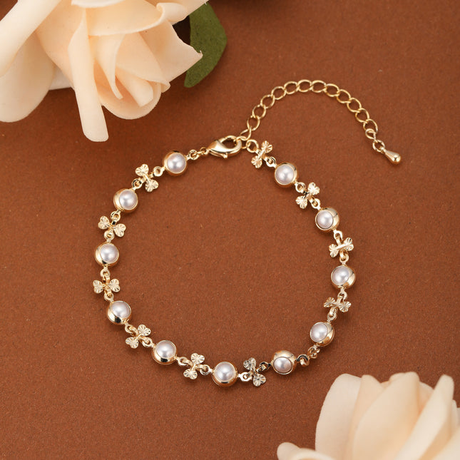 Pulsera De Cadena Con Hojas Y Perlas Sintéticas Enlazadas Para Mujer