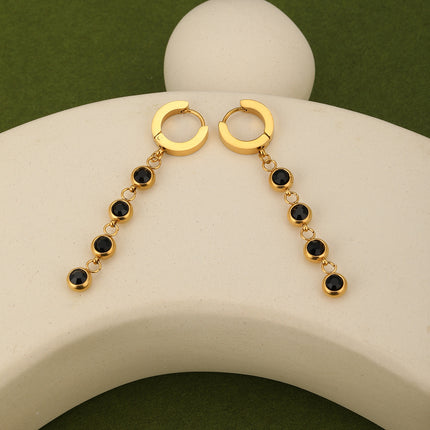 Aretes Largos En Acero Con Circonita Negra Diseño Clásico