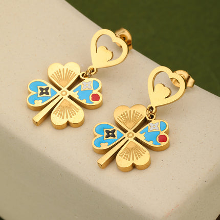 Aretes Largos Con Trébol De Cuatro Hojas Con Colores Contrastantes