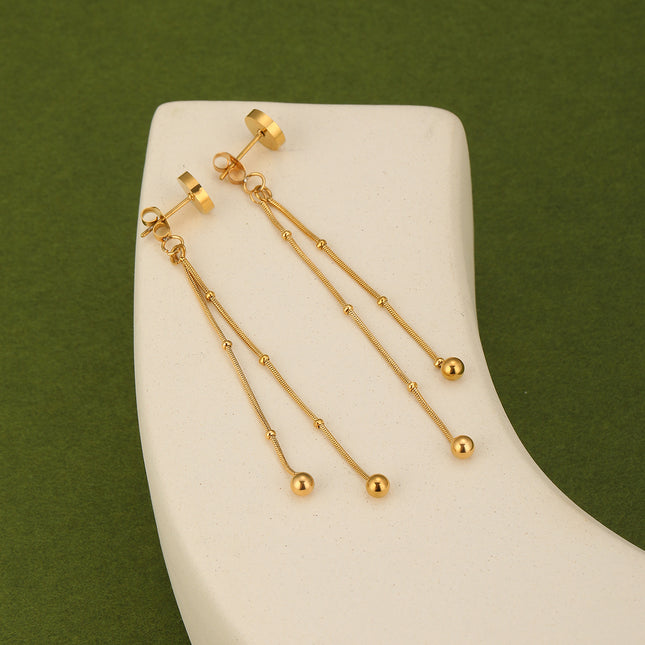 Aretes De Largos Flecos Dorados, Estilo Elegante En Acero Con Baño De 14K
