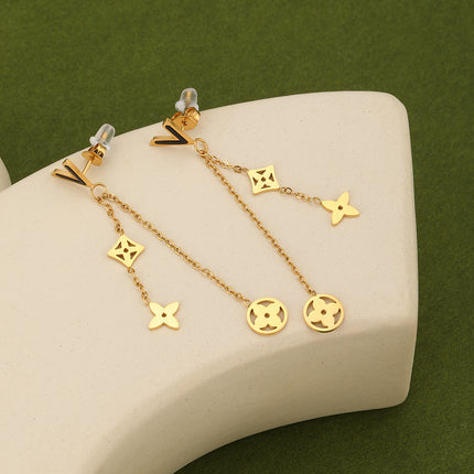 Aretes Largos En Acero De Trébol Hueco Con Flecos, Diseño Dorado