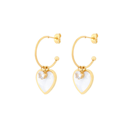 Aretes Arracadas Dorado Con Aro Y Colgante De Corazón Blanco