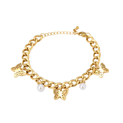 Pulsera De Mariposa Y Perlas De Estilo Cubano En Cobre Chapado En Oro 14K