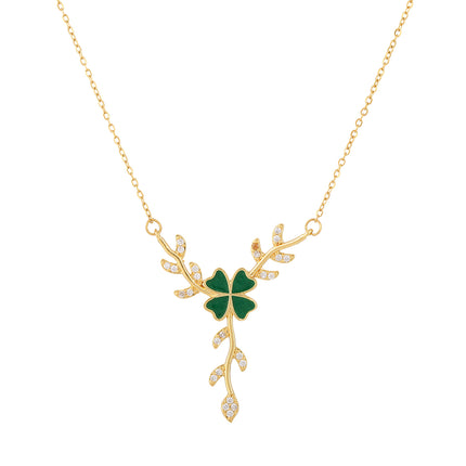 Collar De Acero Inoxidable Con Colgante De Flor Verde De Cuatro Hojas De Diamante De Lujo Ligero