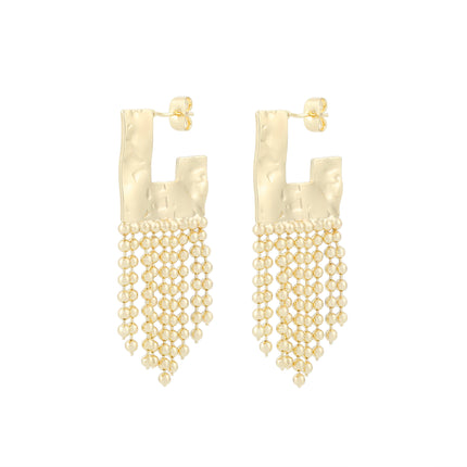Aretes Larga De Cobre Con Bolas Doradas, Diseño Moderno En Oro 18K