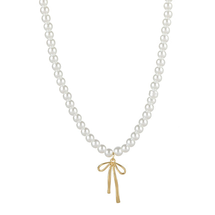 Collar De Cuentas De Perlas De Lujo Leve Con Lazo De Cobre Elegante De Moda