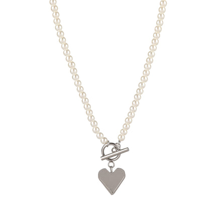 Collar De Perla Elegante Con Cadena Con Colgante De Corazón De Acero Inoxidable De Moda