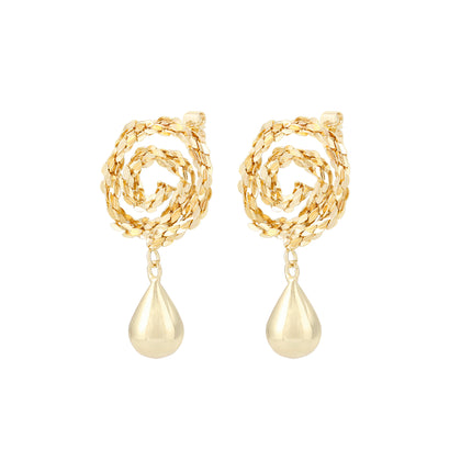 Aretes Dorados Con Colgante De Flor y Gota, Diseño Minimalista En Cobre