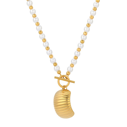 Collar Sencillo De Perlas Y Bolas Con Colgante Arqueado De Diseño Único Con Hebilla De T