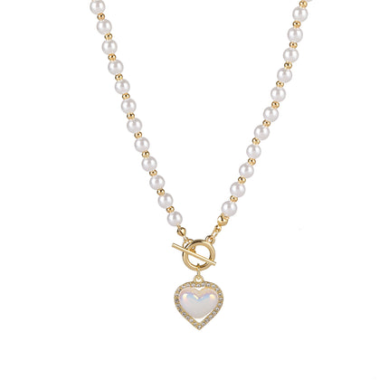 Collar De Cadena De Perlas De Pegamento Con Circón Y Colgante En Forma De Corazón