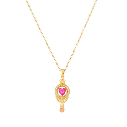 Collar De Cobre Con Colgante De Varita Mágica Con Diamante De Corazón Rosada De Estilo Infantil