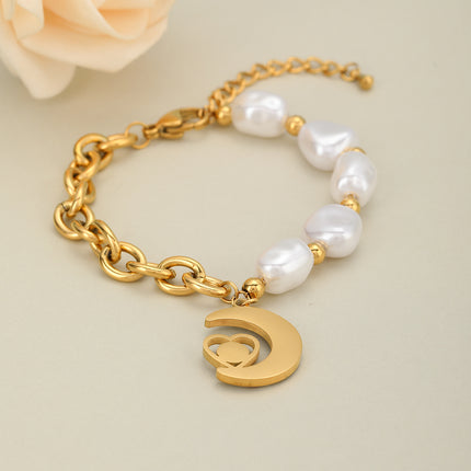 Pulsera Con Diseño De Ojo Y Luna Vintage Con Perlas De Cobre Chapado En Oro 14K