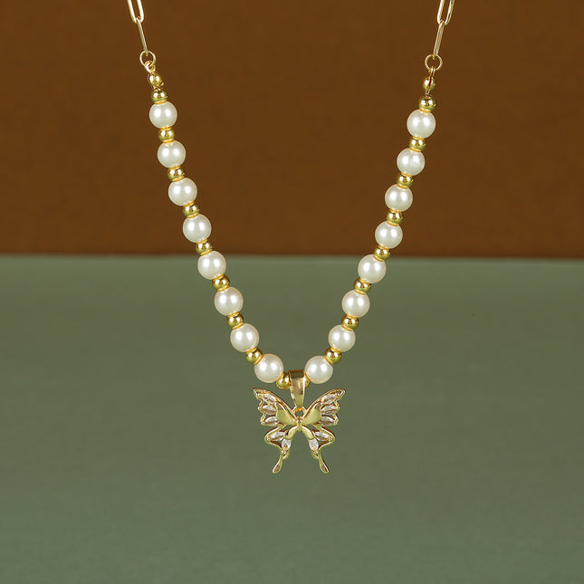 Collar De Lujo Leve De Acero Inoxidable Con Perlas Con Colgante De Mariposa De Moda