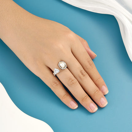 Anillo Ajustable Con Diseño Perla Y Diamantes En Forma De Corazón De Cobre