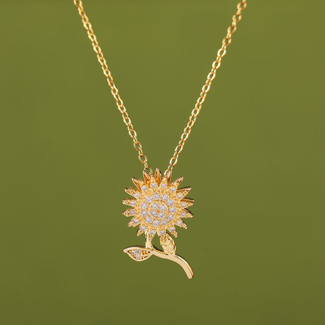 Collar Con Colgante De Girasol Giratorio De Cobre Y Circón De Moda De Acero Inoxidable