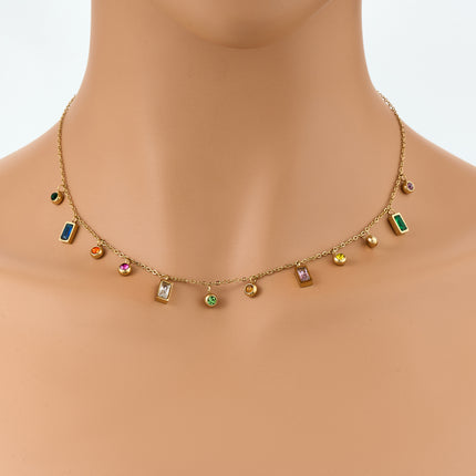 Collar De Acero Inoxidable Con Colgantes De Circones Redondas Y Cuadradas De Colores