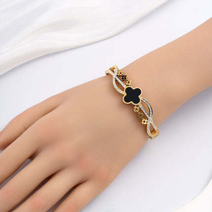 Pulsera Brazalete Con Flor De Cuatro Hojas Y Circonita De Acero Inoxidable