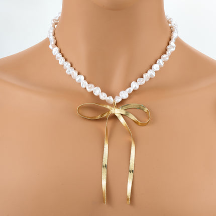 Collar De Cuentas De Perlas Irregulares Con Lazo De Lujo Leve De Moda Para Mujer