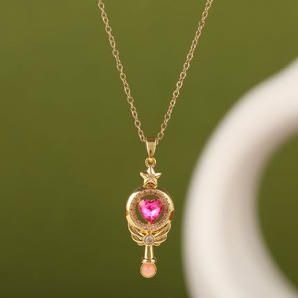 Collar De Cobre Con Colgante De Varita Mágica Con Diamante De Corazón Rosada De Estilo Infantil