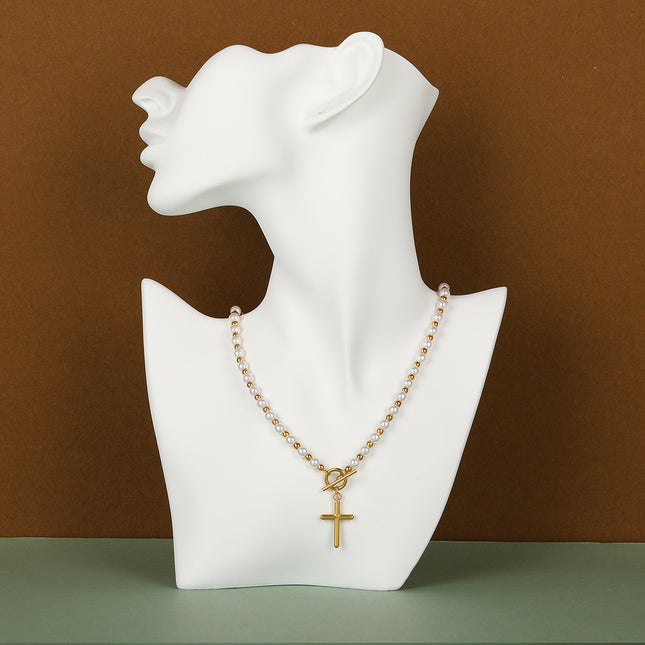 Collar De Perlas Con Colgante De Cruz Tridimensional De Moda De Acero Inoxidable