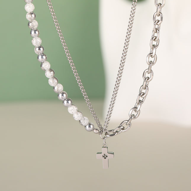 Collar De Media Cadena De Acero Inoxidable Media De Perla Con Cruzada A La Moda