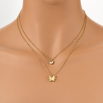 Collar Doble Capa Acero Inoxidable Con Colgante De Corazón Y Mariposa