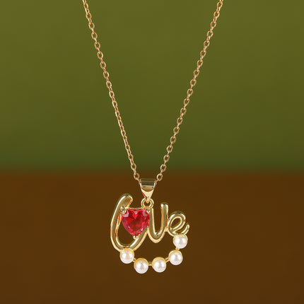 Collar De Cobre Con Colgante De LOVE Y Corazón Tridimensional Con Perlas