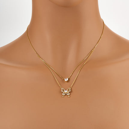 Collar Oro De 14K Con Colgantes De Corazón De Circonita Y Mariposa