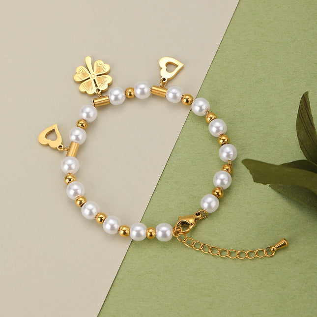 Pulsera De Perlas Con Hojas De Ginkgo De Cobre Chapado En Oro 14K