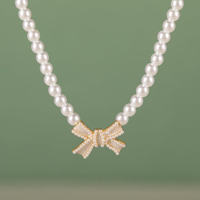 Collar De Estilo Francés De Perlas Blancas Elegante Con Lazo De Lujo Leve De Moda
