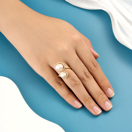 Anillo Ajustable Abierto Con Perlas Y Diamantes Diseño Elegante De Cobre Chapado En Oro 14K