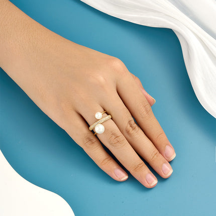 Anillo Con Diseño Abierto De Lujo De Perlas Y Diamantes De Dos Capas De Cobre Chapado En Oro 14K