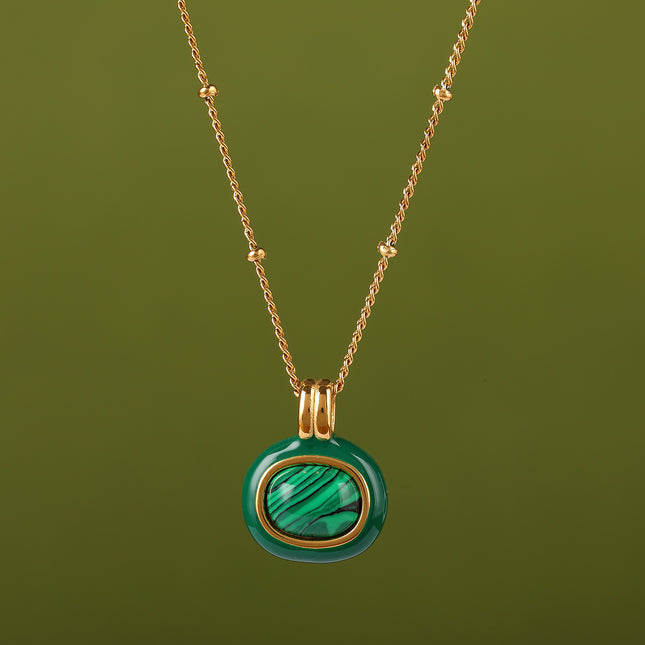 Collar Con Colgante De Piedra Natural Verde Vintage De Acero Inoxidable Chapado En Oro 14K
