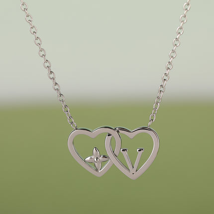 Collar De Cadena En Forma De 0 Con Colgante De Doble Corazón Hueca De Flor Y V De Acero Inoxidable