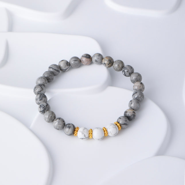 Pulsera De Cuentas De Cristal Con Efecto Mármol Y Acero Inoxidable